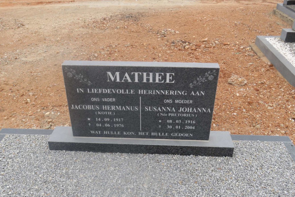 MATHEE Jacobus Hermanus 1917-1976 &amp; Susanna Johanna PRETORIUS 1916-2004