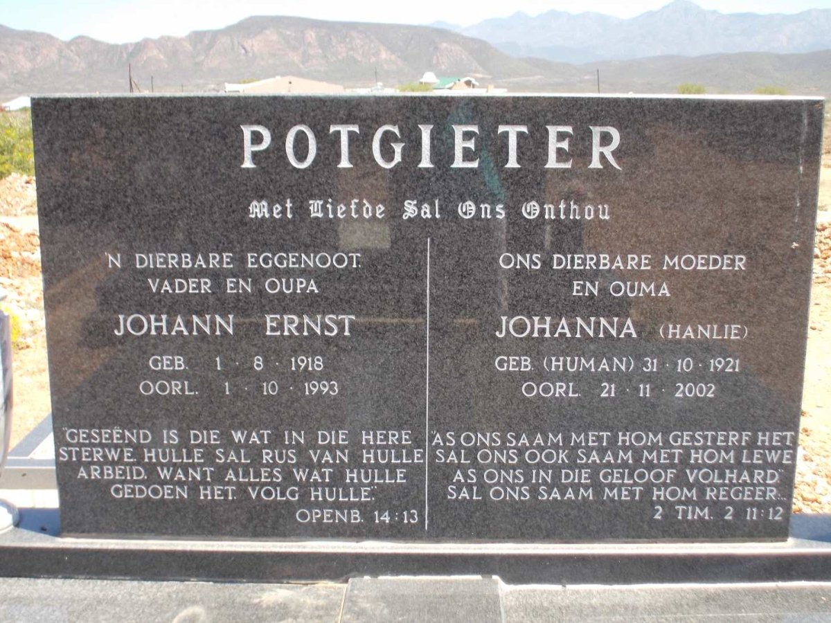 POTGIETER Johan Ernst 1918-1993 &amp; Johanna HUMAN 1921-2002