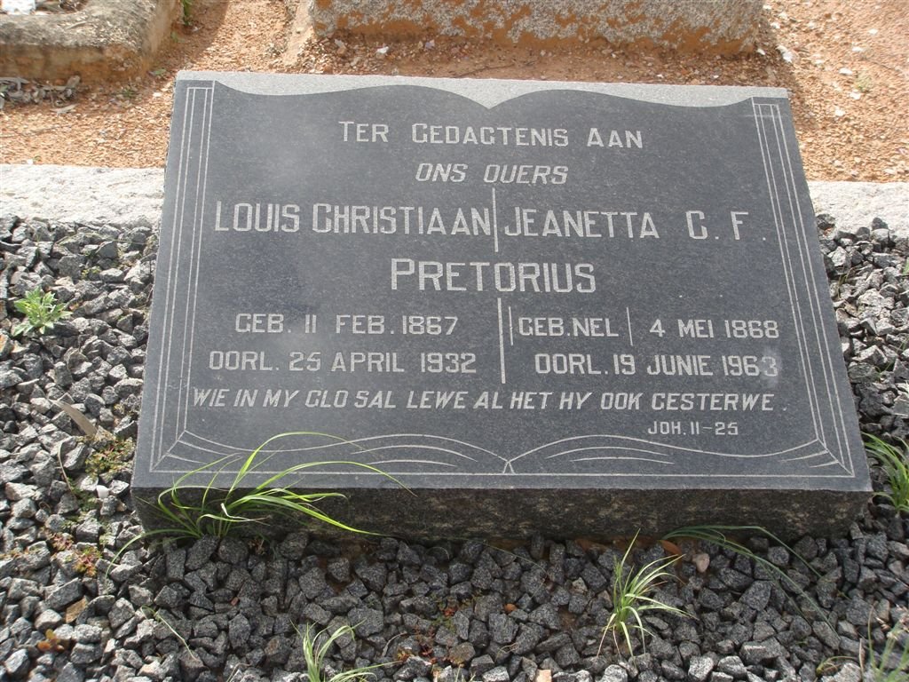 PRETORIUS Louis Christiaan 1867-1932 &amp; Jeanetta C.F. NEL 1868-1963