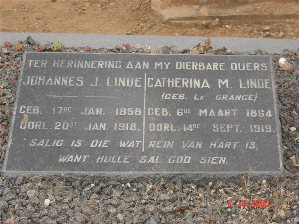 LINDE Johannes J. 1858-1918 &amp; Catherina M. LE GRANGE 1864-1919