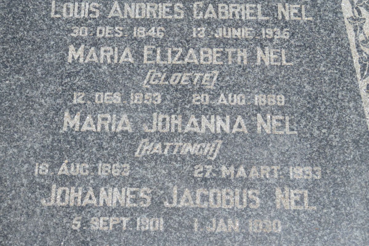 NEL Louis Andries Gabriel  1846-1936 &amp; Maria Elizabeth nee CLOETE 1853-1889