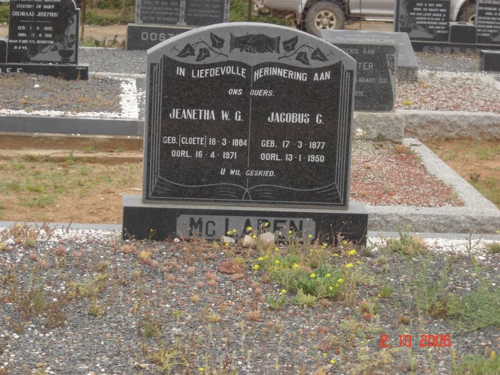 McLAREN Jacobus C. 1877-1950 &amp; Jeanetha W.G. CLOETE 1884-1971