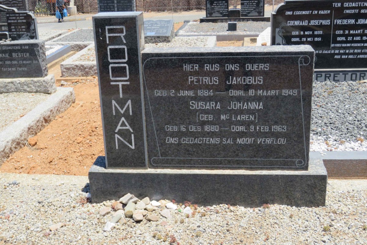 ROOTMAN Petrus Jakobus 1884-1949 &amp; Susara Johanna McLAREN 1880-1963