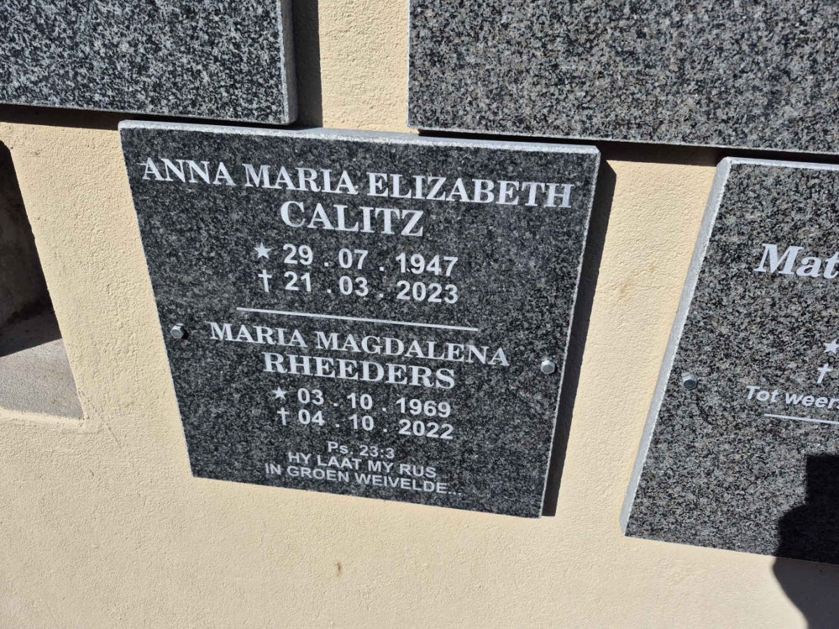 CALITZ Anna Maria Elizabeth 1947-2023 :: RHEEDERS Maria Magdalena 1969-2022