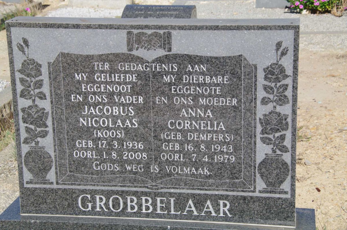 GROBBELAAR Jacobus Nicolaas 1936-2008 &amp; Anna Cornelia DEMPERS 1943-1979