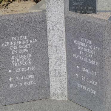 KOTZE Johannes Albertus Francois 1916-1998 &amp; Hester Elizabeth 1917-2005