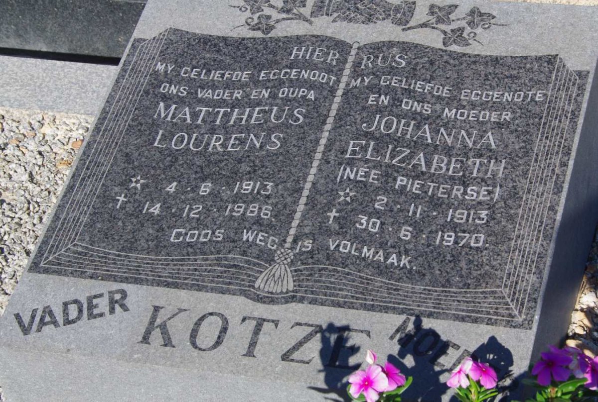 KOTZE Mattheus Lourens 1913-1986 &amp; Johanna Elizabeth PIETERSE 1913-1970