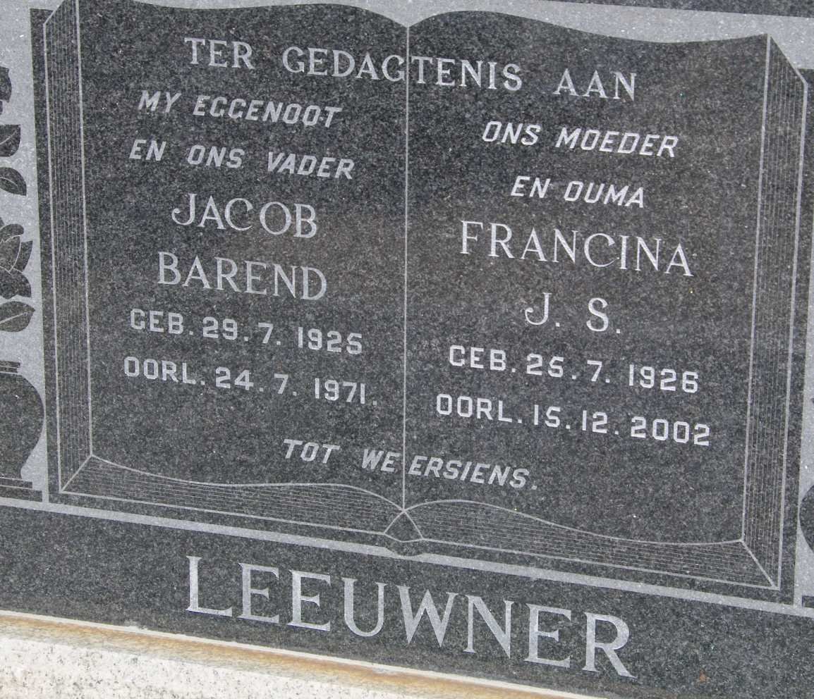 LEEUWNER Jacob Barend 1925-1971 &amp; Francina J.S. 1926-2002 