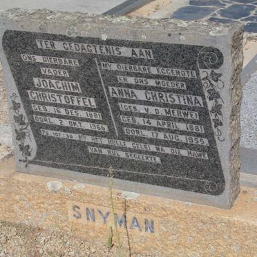 SNYMAN Joachim Christoffel 1881-1966 &amp; Anna Christina v.d. MERWE 1881-1955