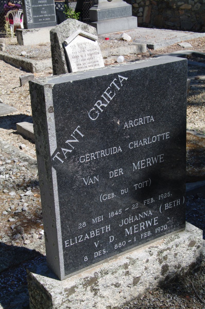 MERWE Margrita Gertruida Charlotte, van der nee Du TOIT 1845-1925 :: V.D. MERWE Elizabeth Johanna 1880-1970