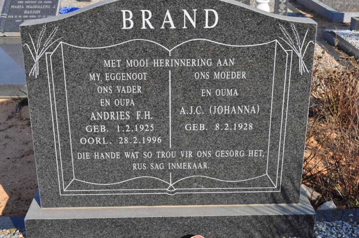 BRAND Andries F.H. 1925-1996 &amp; A.J.C. 1928-