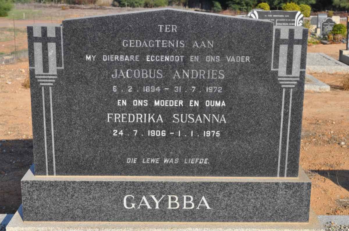 GAYBBA Jacobus Andries 1894-1972 &amp; Fredrika Susanna 1906-1975