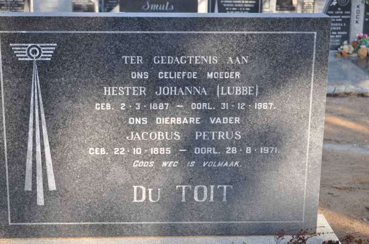 TOIT Jacobus Petrus, du 1885-1971 &amp; Hester Johanna LUBBE 1887-1967