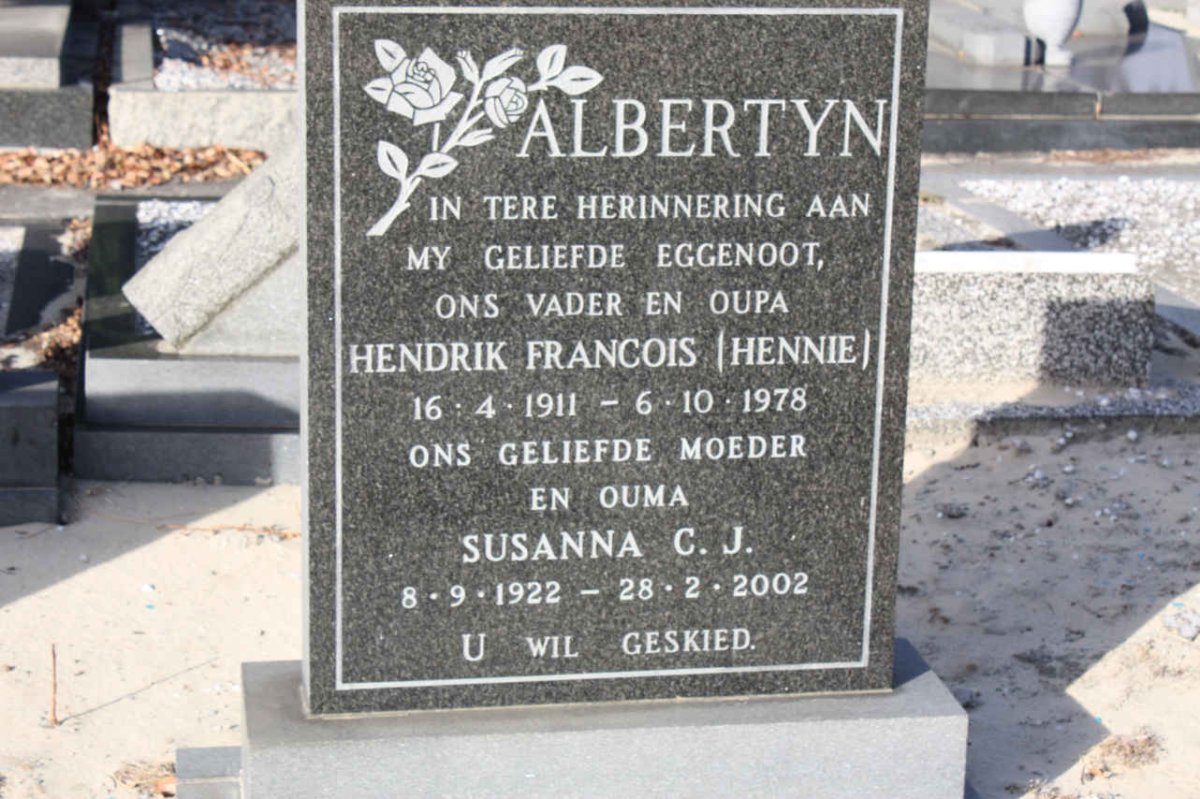 ALBERTYN Hendrik Francois 1911-1978 &amp; Susanna C.J. 1922-2002