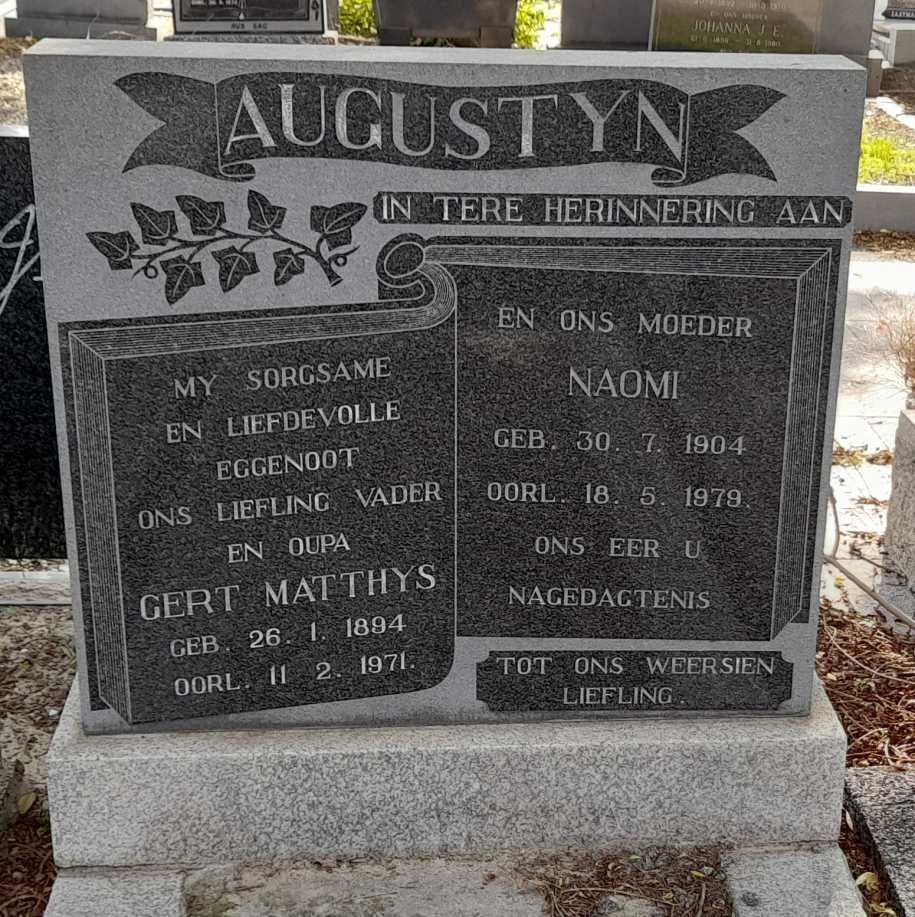 AUGUSTYN Gert Matthys 1894-1971 &amp; Naomi RAS 1904-1979
