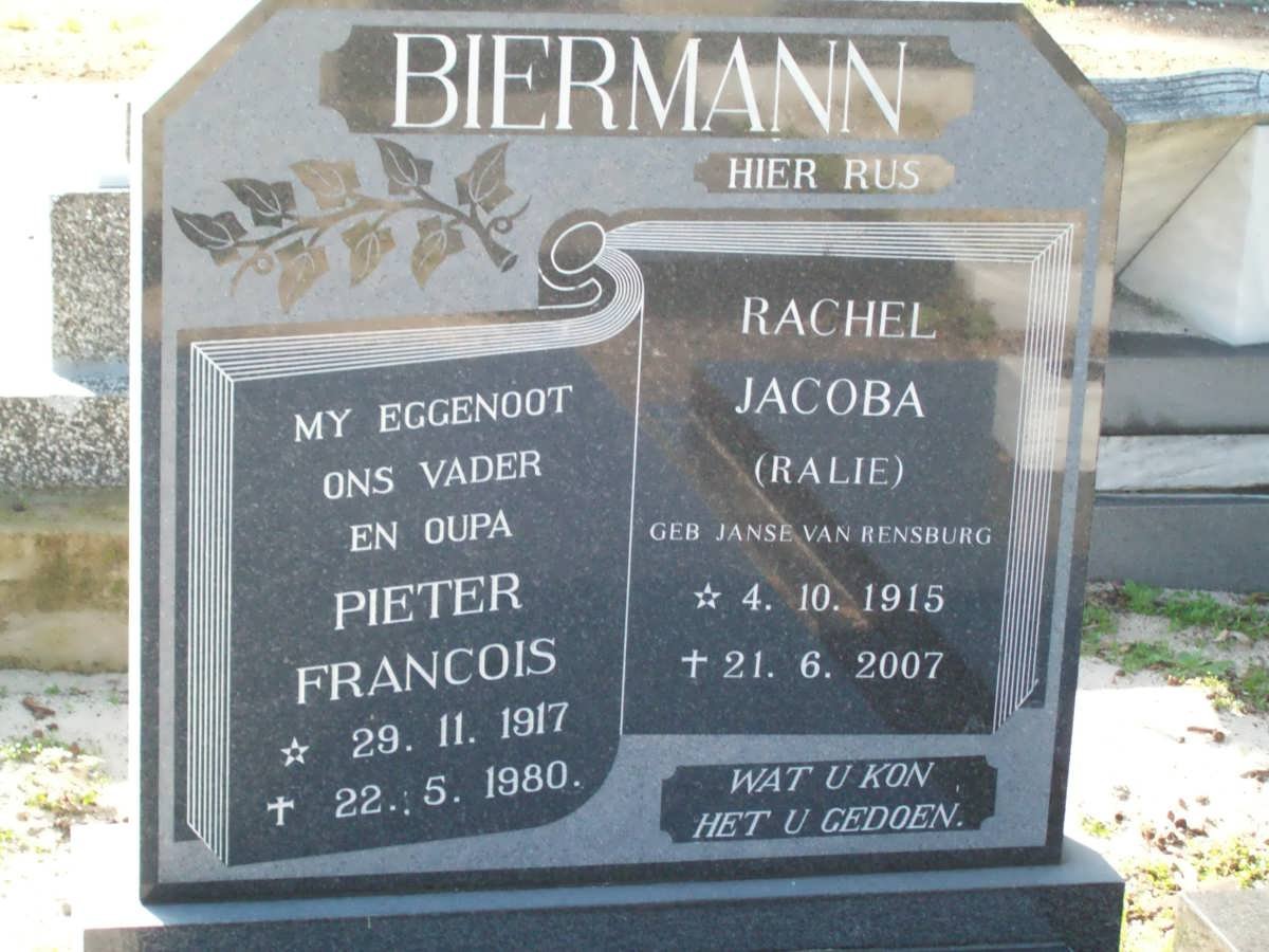 BIERMANN Pieter Francois 19171980 &amp; Rachel Jacoba JANSE VAN RENSBURG 1915-2007