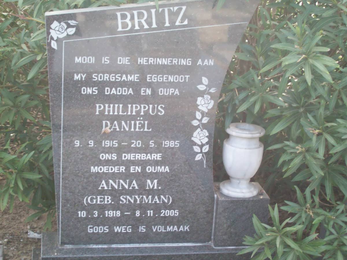 BRITZ Philippus Daniel 1915-1985 &amp; Anna M. SNYMAN 1918-2005
