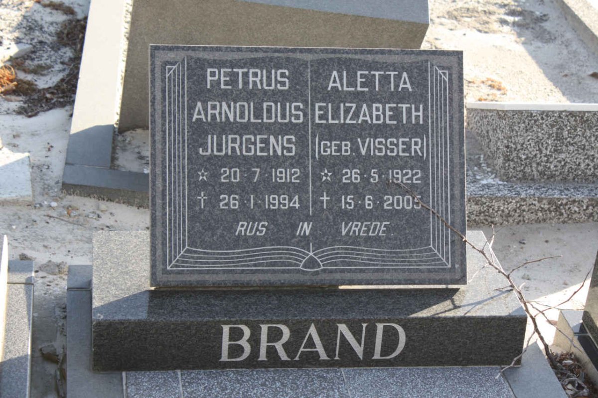 BRAND Petrus Arnoldus Jurgens 1912-1994 &amp; Aletta Elizabeth VISSER 1922-2005
