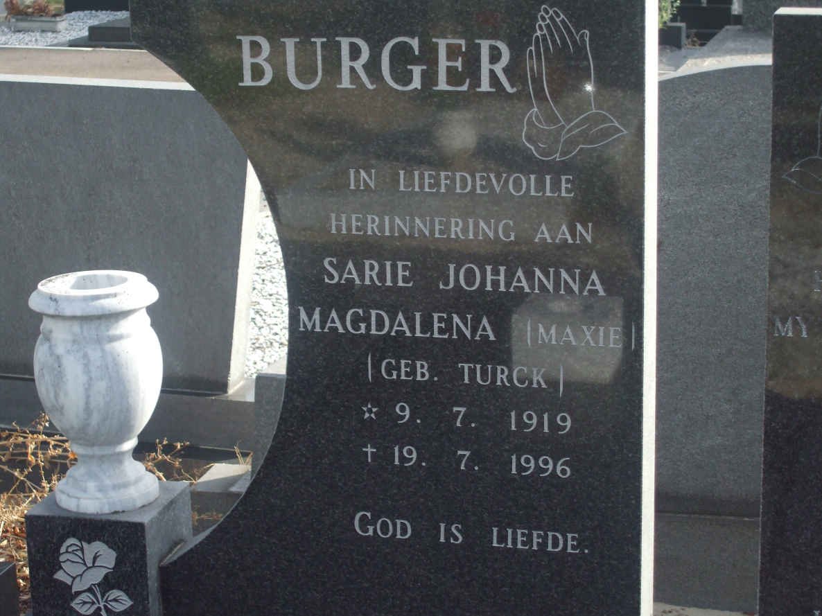 BURGER Sarie Johanna Magdalena nee TURCK 1919-1996