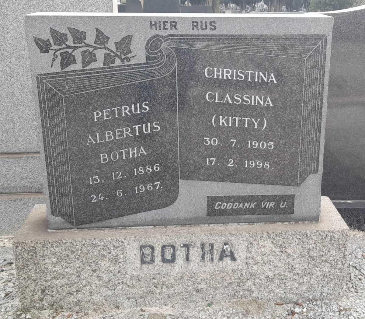 BOTHA Petrus Albertus 1886-1967 &amp; Christina Classina RAS 1905-1998