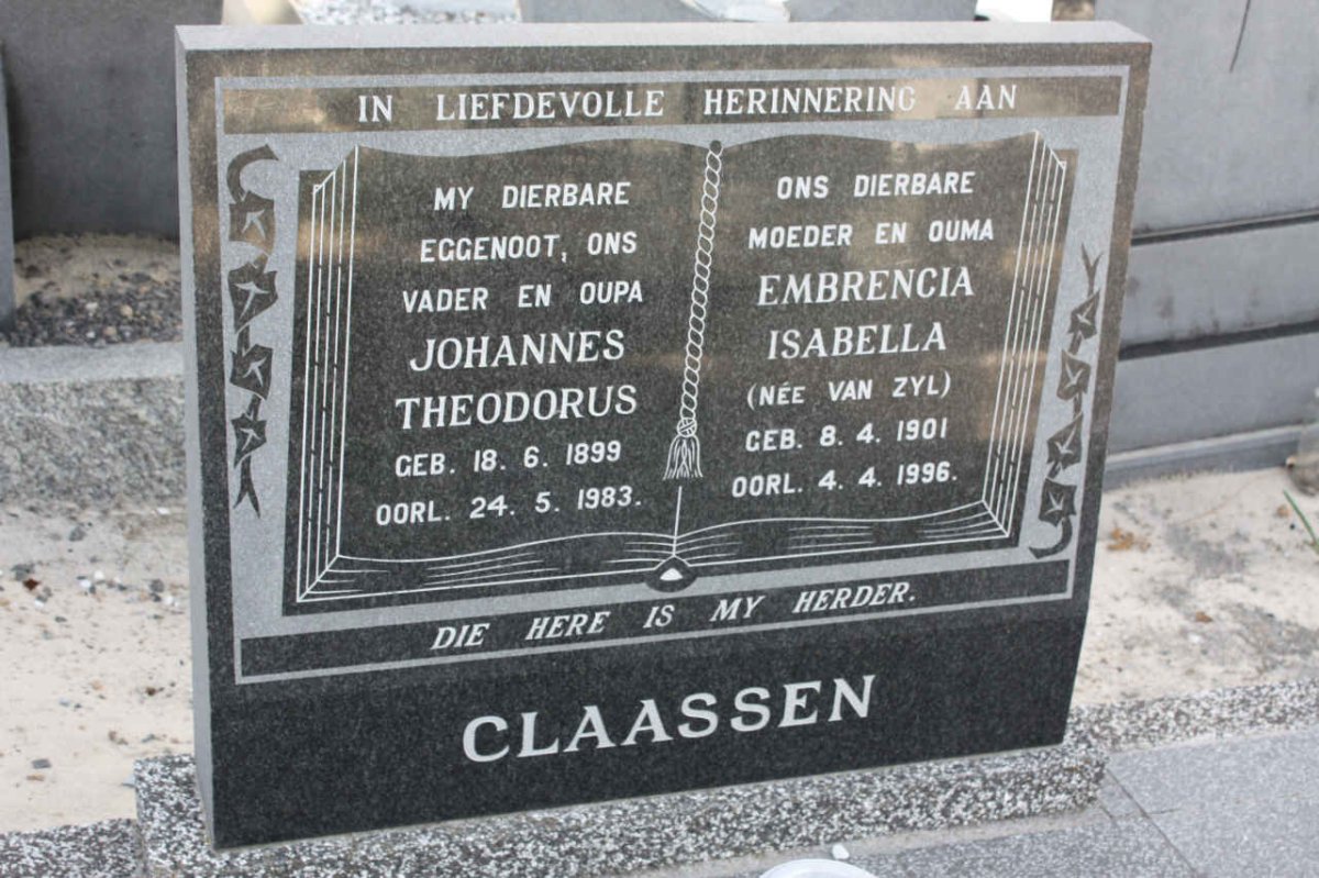 CLAASSEN Johannes Theodorus 1899-1983 &amp; Embrencia Isabella VAN ZYL 1901-1996