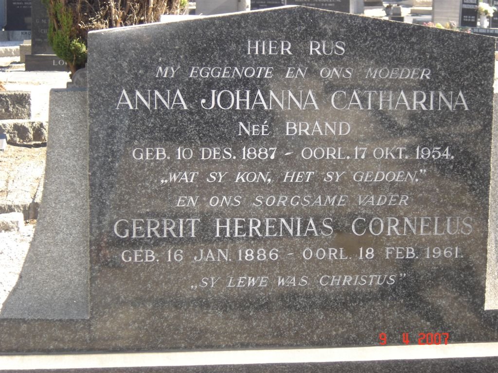 ENGELBRECHT Gerrit Herenias Cornelus 1886-1961 &amp; Anna Johanna Catharina BRAND 1887-1954