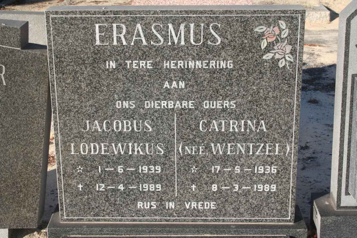 ERASMUS Jacobus Lodewikus 1939-1989 &amp; Catrina WENTZEL 1936-1989