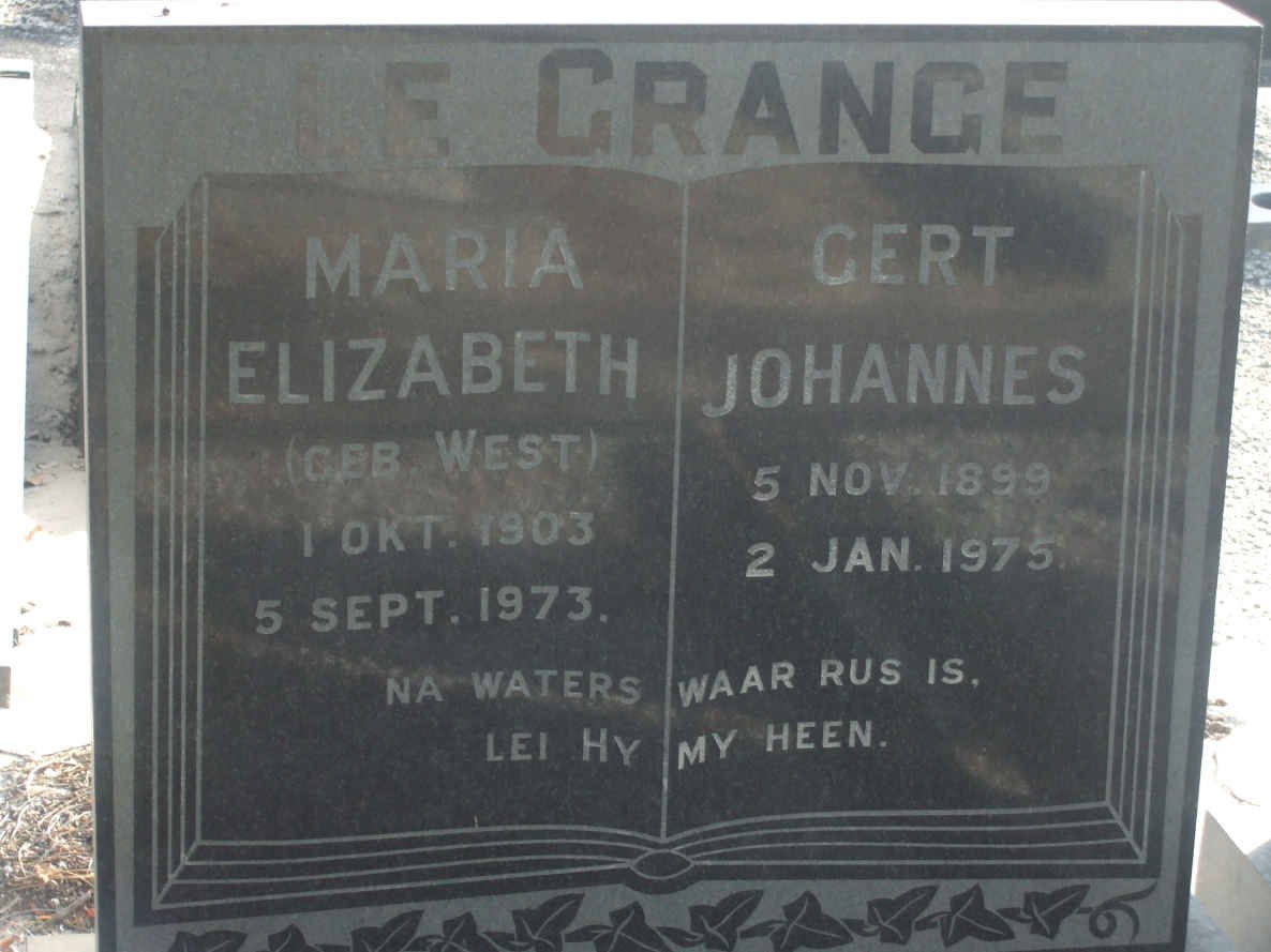 GRANGE Gert Johannes, le 1899-1975 &amp; Maria Elizabeth WEST 1903-1973