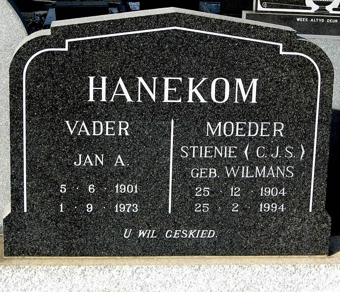 HANEKOM Jan A. 1901-1973 &amp; C.J.S. WILMANS 1904-1994