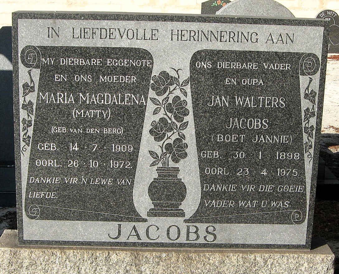 JACOBS Jan Walters 1898-1975 &amp; Maria Magdalena VAN DEN BERG 1909-1972