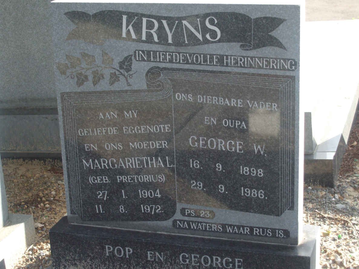 KRYNS George W. 1898-1986 &amp; Margaretha PRETORIUS 1904-1972