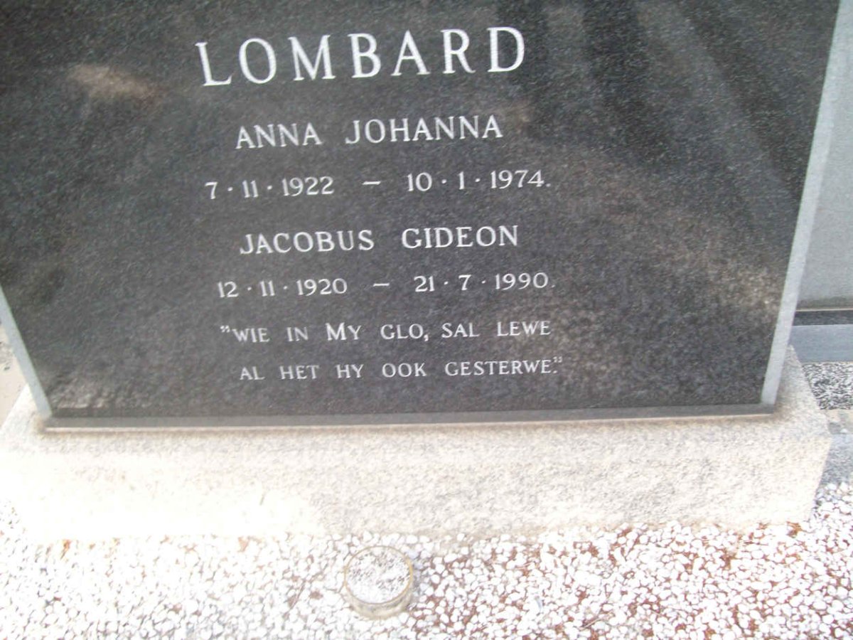 LOMBARD Jacobus Gideon 1920-1990 &amp; Anna Johanna 1922-1974