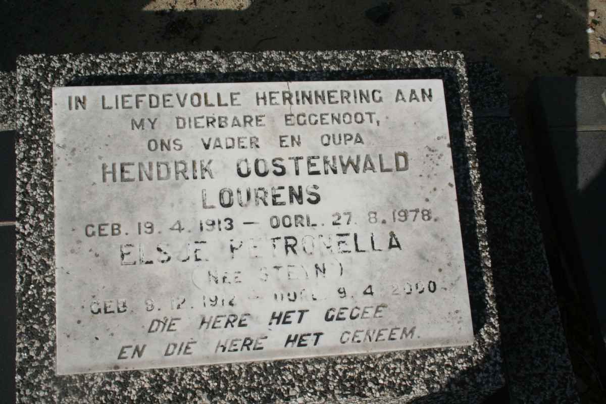 LOURENS Hendrik Oostenwald 1913-1978 &amp; Elsje Petronella STEYN 1912-2000
