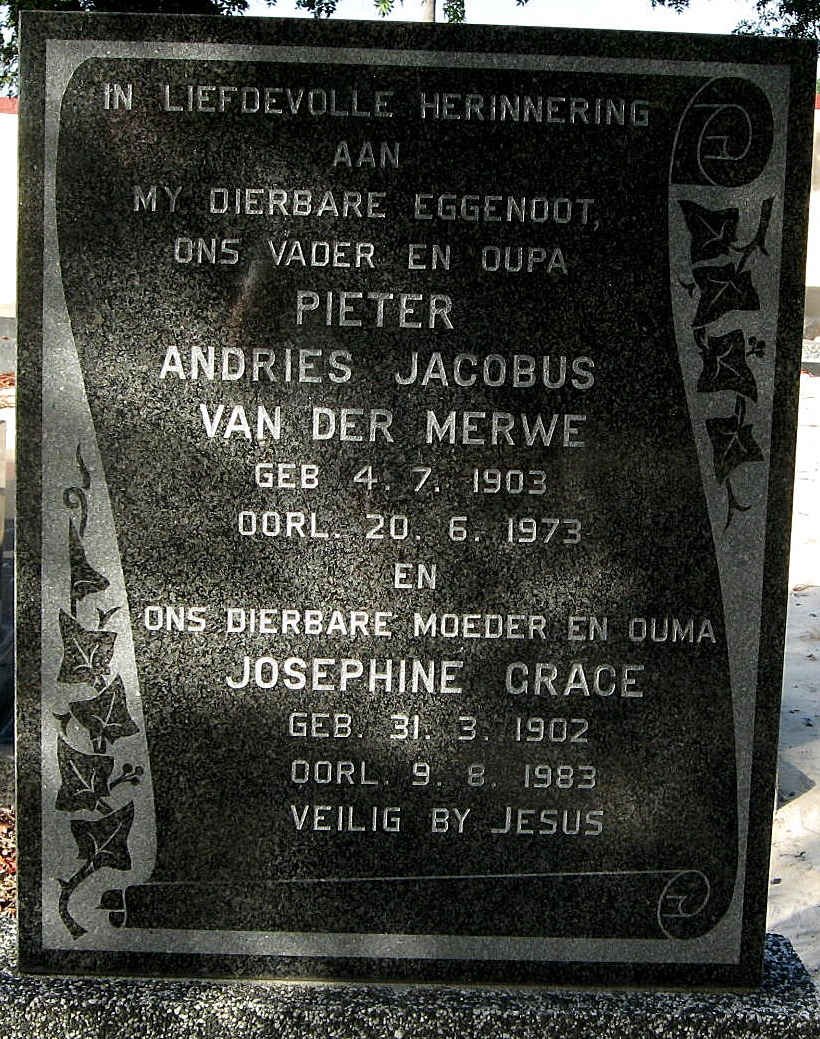 MERWE Pieter Andries Jacobus, van der 1903-1973 &amp; Josephine Grace 1902-1983