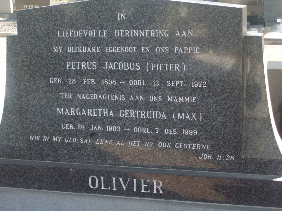 OLIVIER Petrus Jacobus 1898-1972 &amp; Margaretha Gertruida 1903-1999