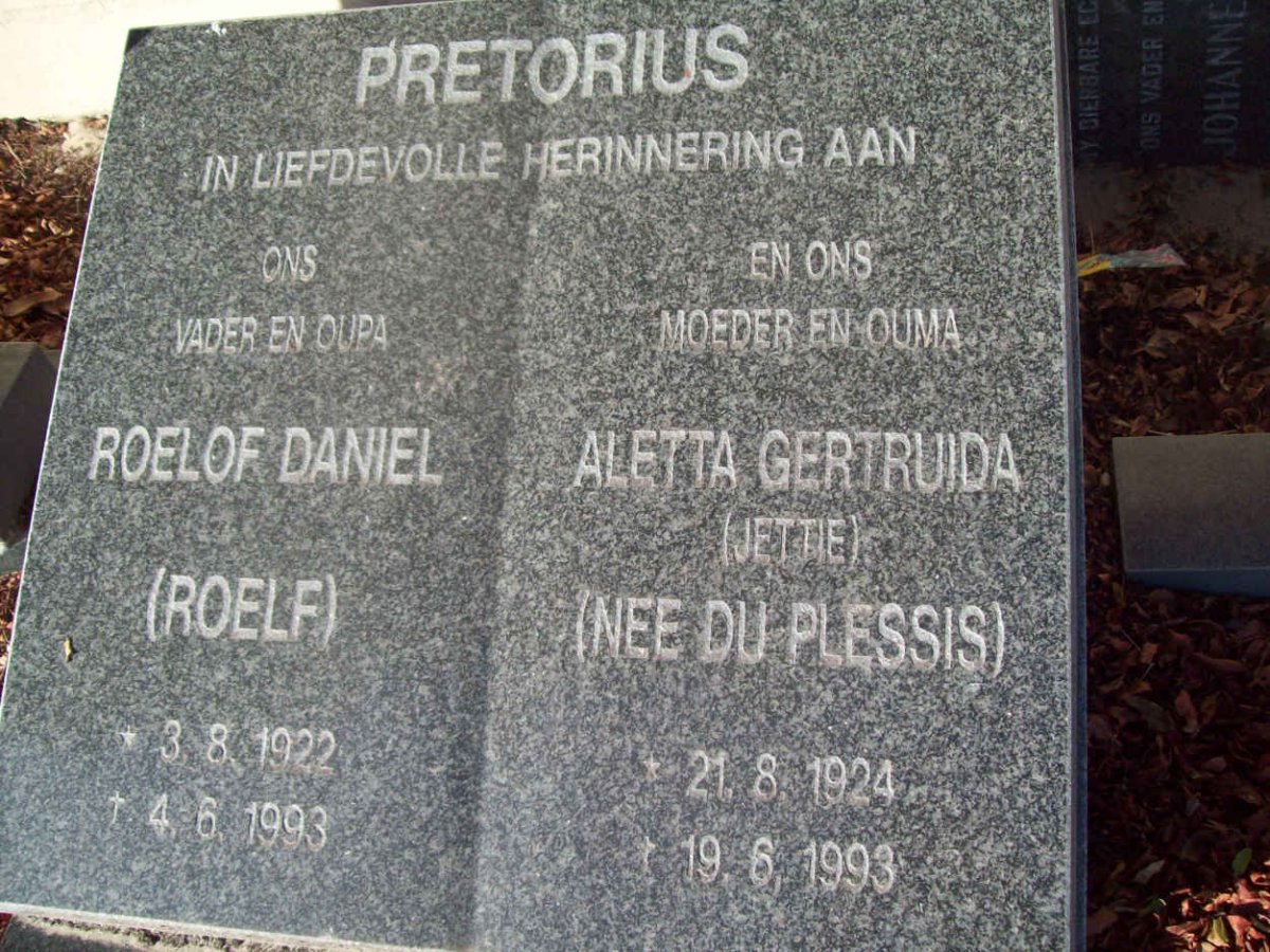 PRETORIUS Roelof Daniel 1922-1993 &amp; Aletta Gertruida DU PLESSIS 1924-1993