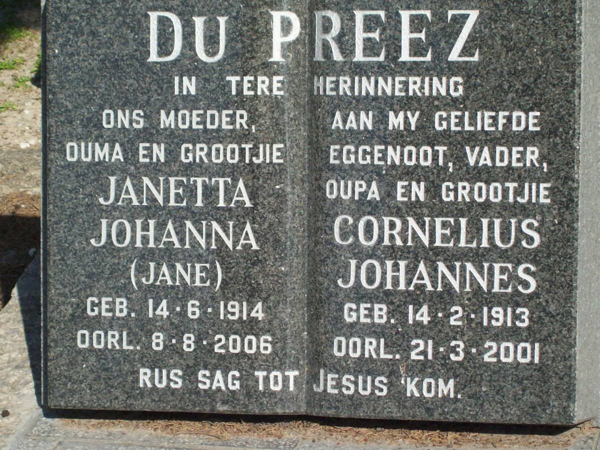PREEZ Cornelius Johannes, du 1913-2001 &amp; Janetta Johanna 1914-2006