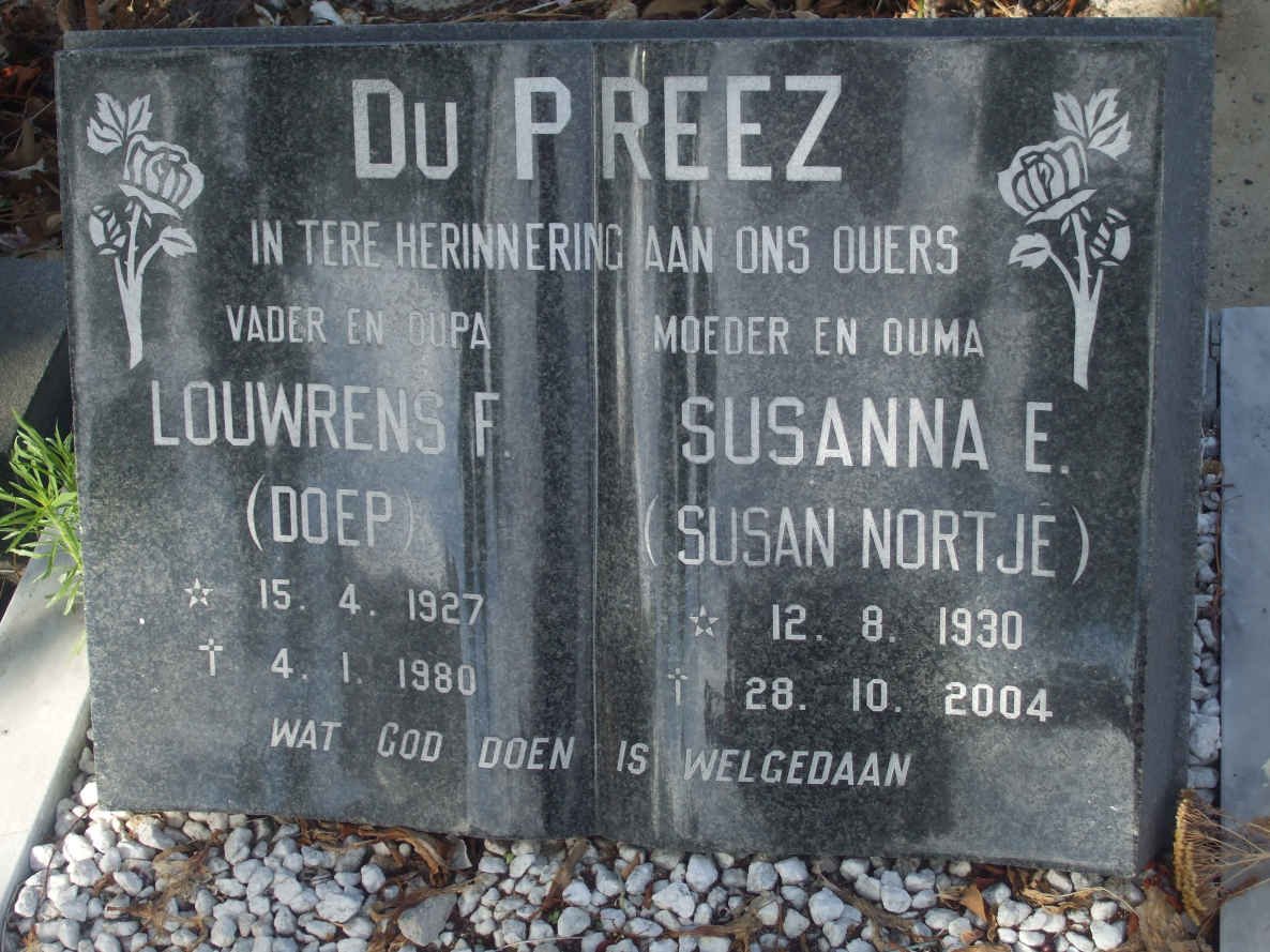 PREEZ Louwrens F., du 1927-1980 &amp; Susanna E. NORTJE 1930-2004