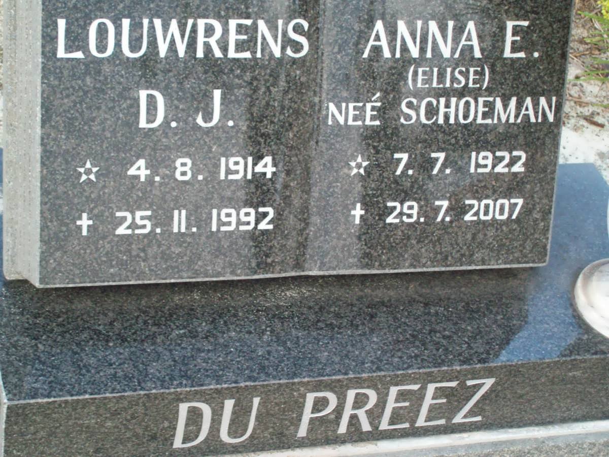 PREEZ Louwrens D.J., du 1914-1992 &amp; Anna E. SCHOEMAN 1922-2007