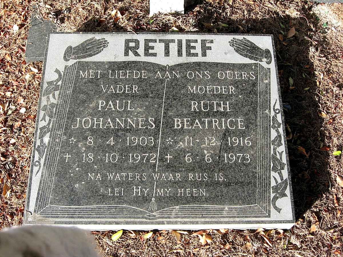 RETIEF Paul Johannes 1903-1972 &amp; Ruth Beatrice 1916-1973