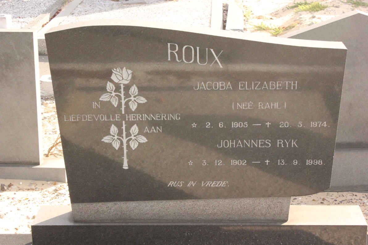 ROUX Johannes Ryk 1902-1998 &amp; Jacoba Elizabeth RAHL 1905-1974