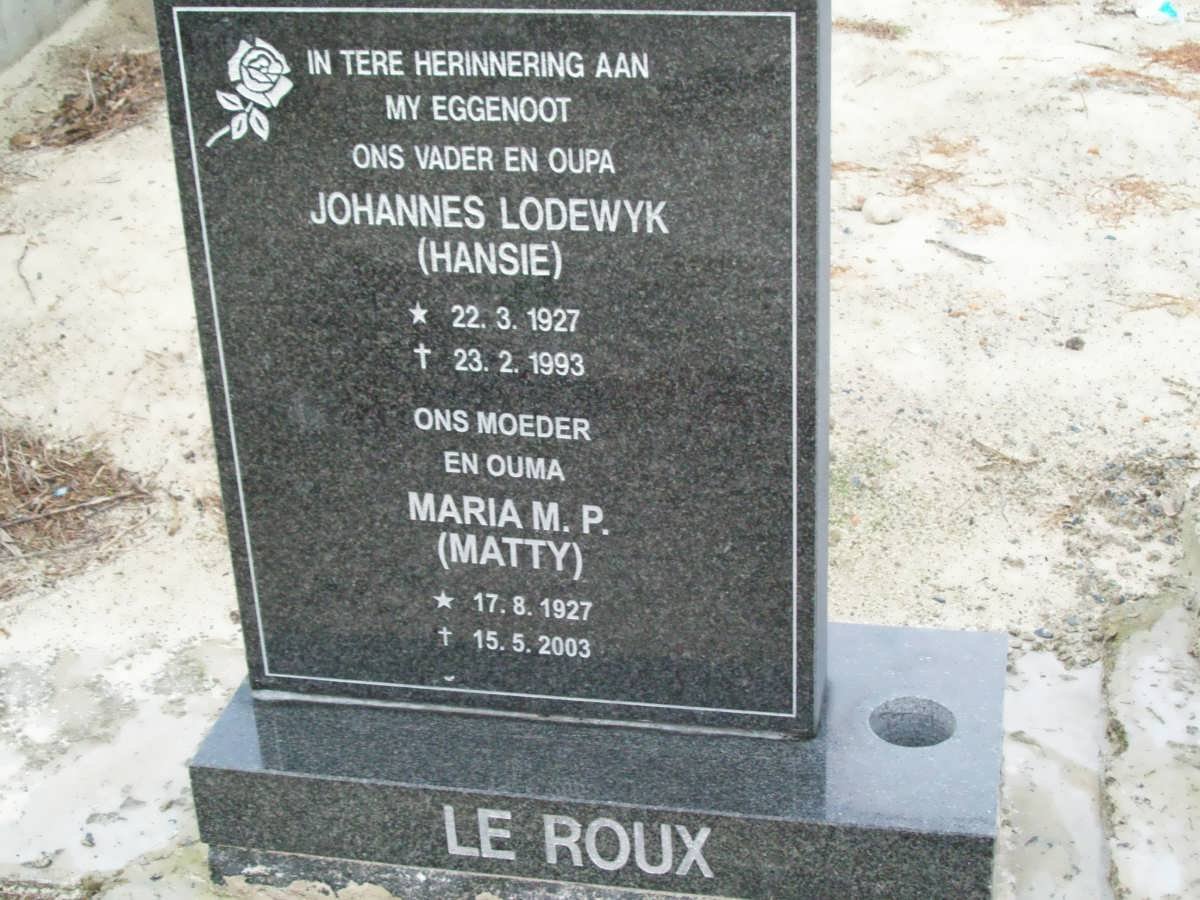 ROUX Johannes Lodewyk, le 1927-1993 &amp; Maria M.P. 1927-2003