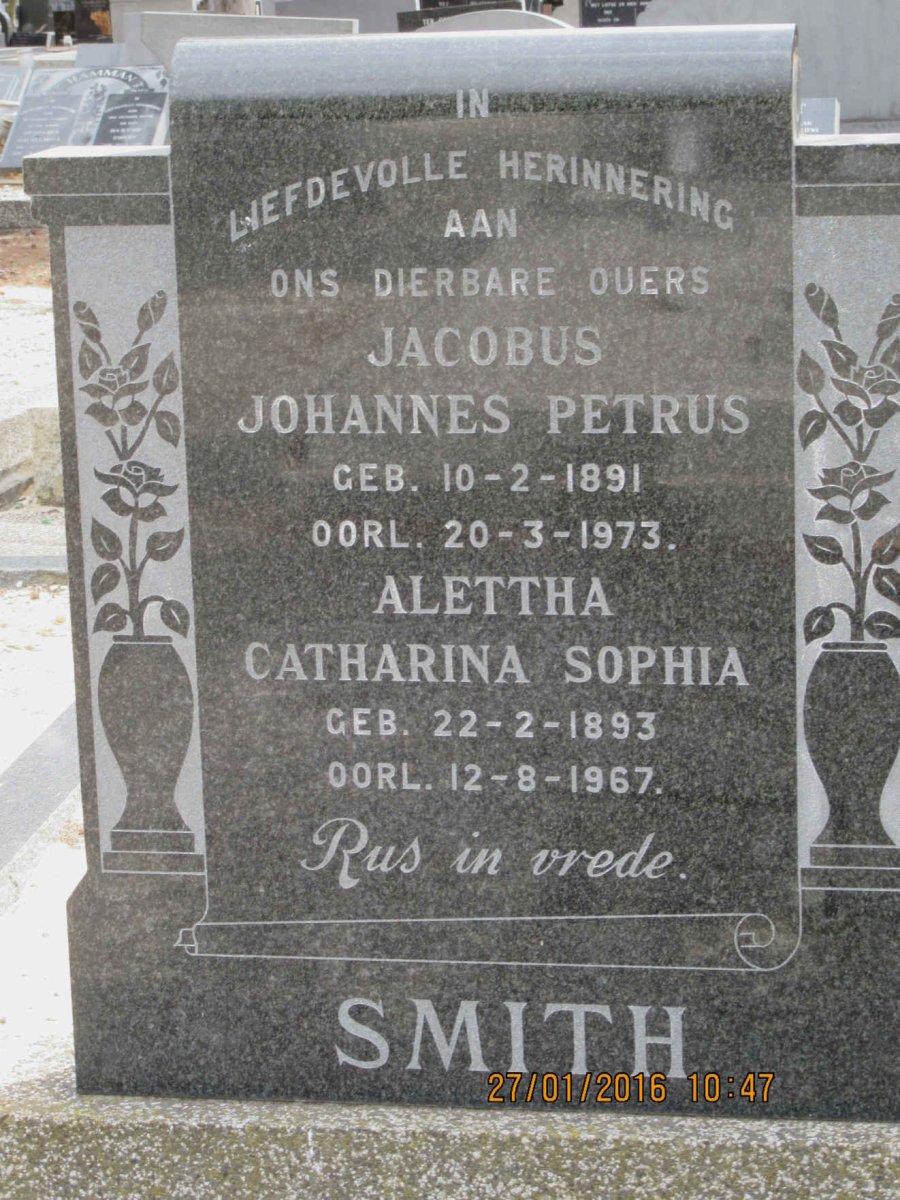 SMITH Jacobus Johannes Petrus 1891-1973 &amp; Alettha Catharina Sophia 1893-1967