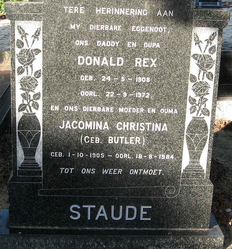 STAUDE Donald Rex 1908-1972 &amp; Jacomina Christina BUTLER 1905-1984