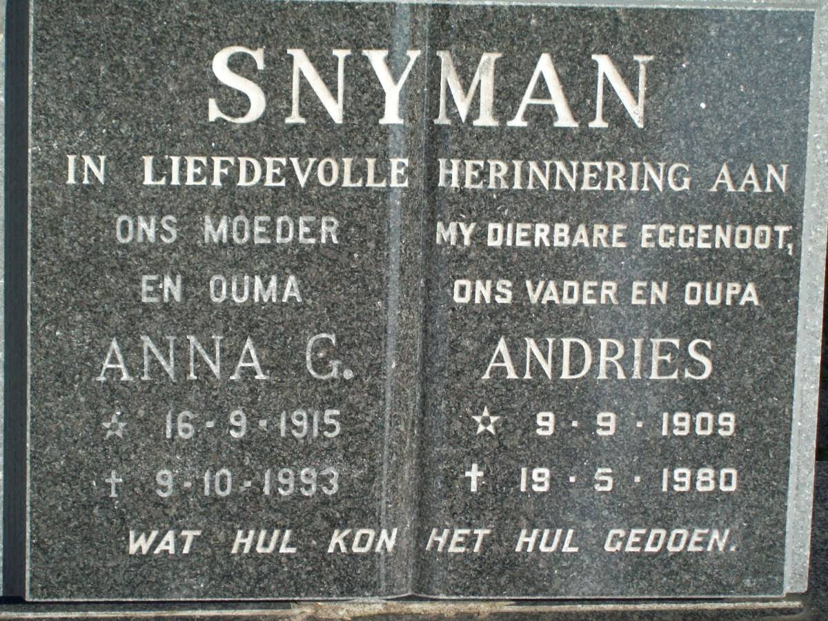 SNYMAN Andries 1909-1980 &amp; Anna G. 1915-1993