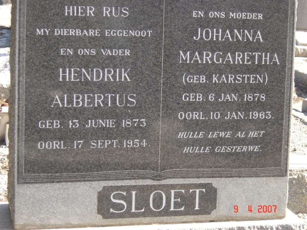 SLOET Hendrik Albertus 1873-1954 &amp; Johanna Margaretha KARSTEN 1878-1963