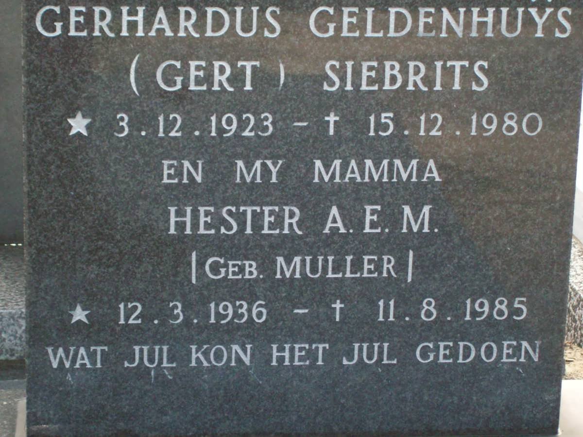 SIEBRITS Gerhardus Geldenhuys 1923-1980 &amp; Hester A.E.M. MULLER 1936-1985