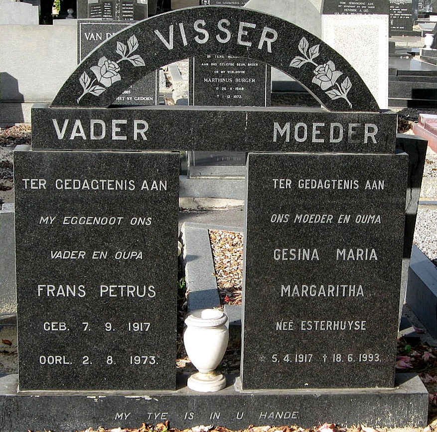 VISSER Frans Petrus 1917-1973 &amp; Gesina Maria Margaritha ESTERHUYSE 1917-1993