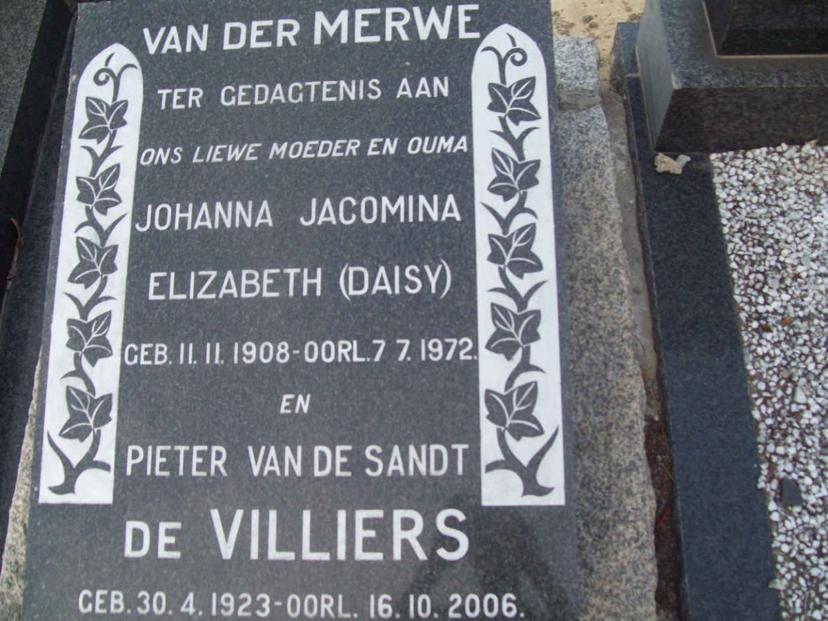 VILLIERS Pieter Van der Sandt, de 1923-2006 :: VAN DER MERWE Johanna Jacomina Elizabeth 1908-1972