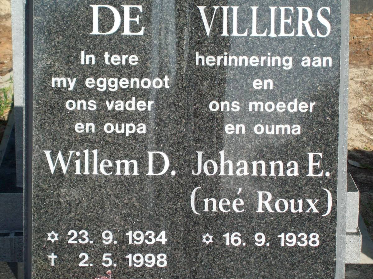 VILLIERS Willem D,. de 1934-1998 &amp; Johanna E. ROUX 1938-